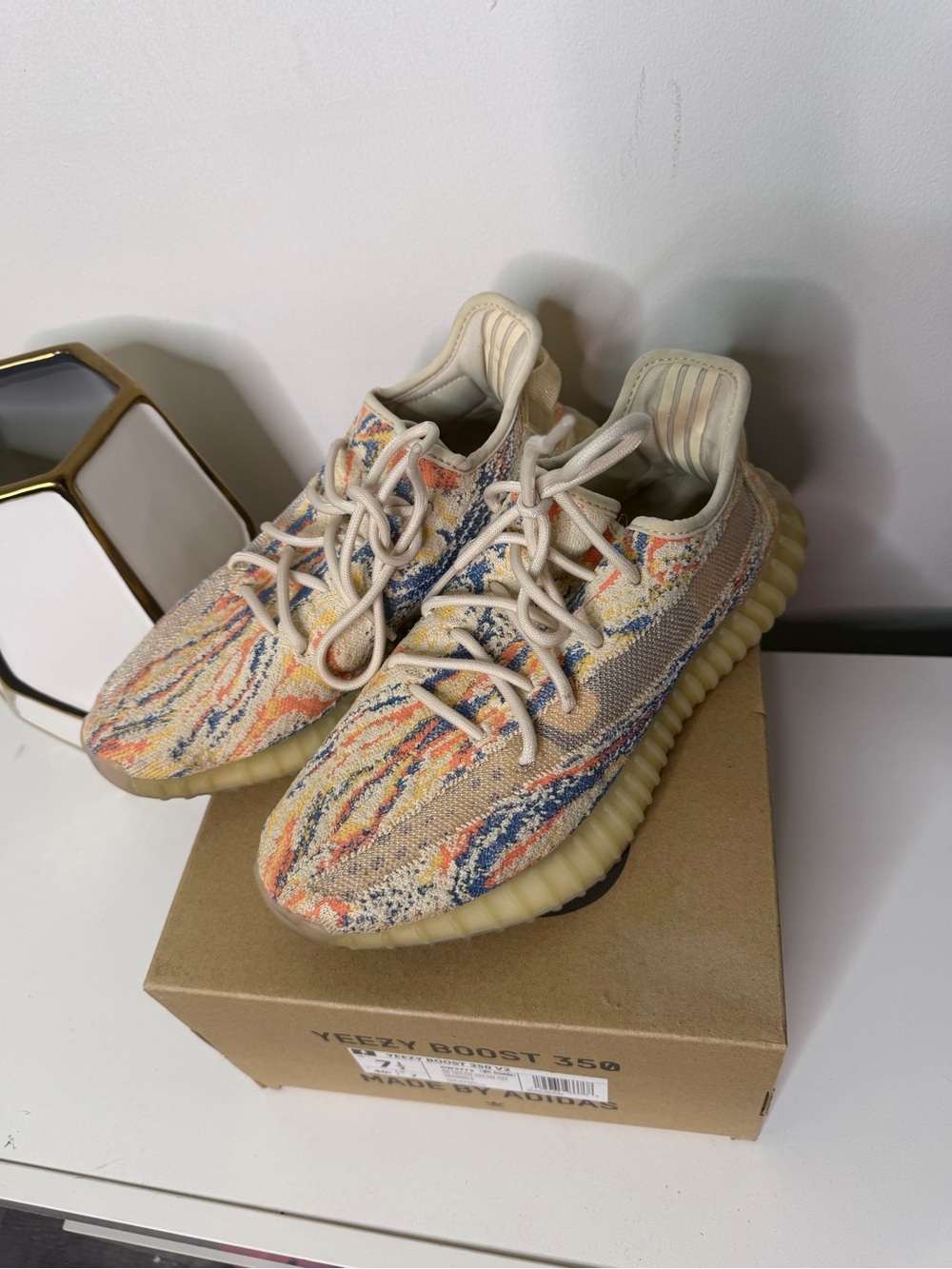 YEEZY Neutral Multicolor Knit Sneakers - Beige, Orange & Blue